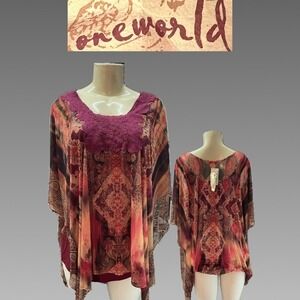 One World M Mesh Poncho Blouse & Tank Set  Red Floral Geometric Short Sleeve NWT